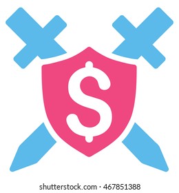 Financial Shield icon. Vector style is bicolor flat iconic symbol with rounded angles, pink and blue colors, white background.