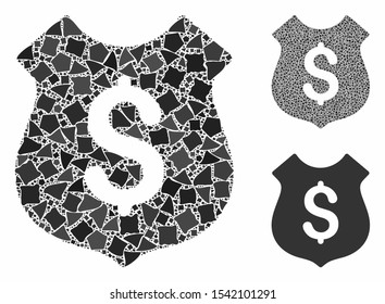 Financial shield mosaic of raggy elements in different sizes and color tints, based on financial shield icon. Vector rough elements are united into collage.