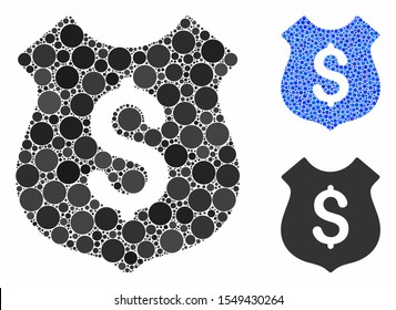 Financial shield mosaic of small circles in various sizes and color tones, based on financial shield icon. Vector small circles are grouped into blue collage.