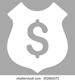 Financial Shield vector icon. Style is flat symbol, white color, rounded angles, silver background.