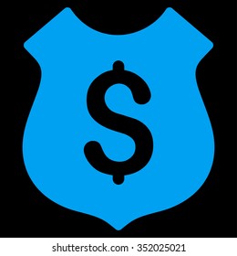 Financial Shield vector icon. Style is flat symbol, blue color, rounded angles, black background.