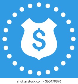 Financial Shield vector icon. Style is flat circled symbol, white color, rounded angles, blue background.