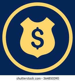 Financial Shield vector icon. Style is flat circled symbol, yellow color, rounded angles, blue background.