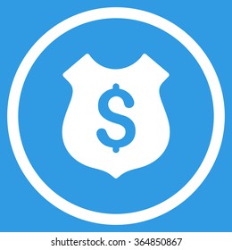 Financial Shield vector icon. Style is flat circled symbol, white color, rounded angles, blue background.