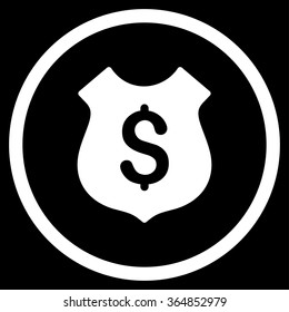 Financial Shield vector icon. Style is flat circled symbol, white color, rounded angles, black background.