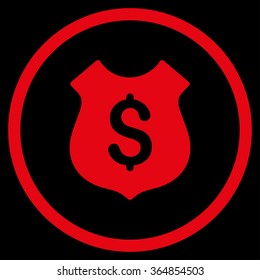 Financial Shield vector icon. Style is flat circled symbol, red color, rounded angles, black background.