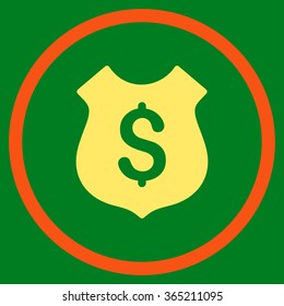 Financial Shield vector icon. Style is bicolor flat circled symbol, orange and yellow colors, rounded angles, green background.