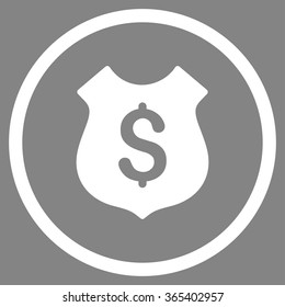 Financial Shield vector icon. Style is flat circled symbol, white color, rounded angles, gray background.