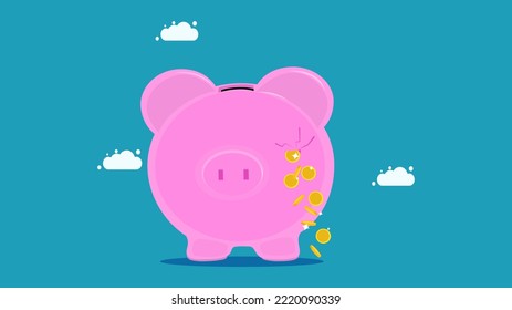 Financial shortcomings. Piggy bank leaking money