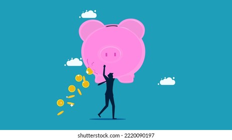 Financial shortcomings. Sut wasted money on savings. Businessman carrying leaky money piggy bank