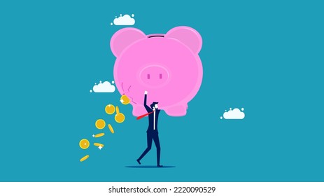 Financial shortcomings. Sut wasted money on savings. Businessman carrying leaky money piggy bank