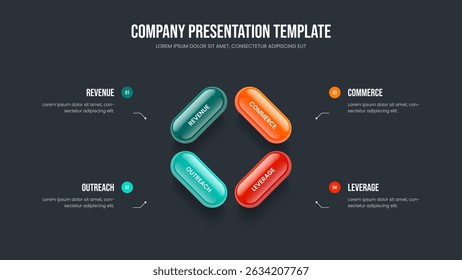 Financial Showcase Slideshow Template Vector Illustration. Company Analysis Four Step Diagram Presentation Layout. Enterprise Review 4 Element Infographic Frame Design.
