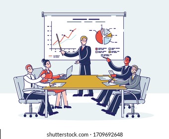 Financial Situation On Market. Financial Expert Leader Stands At Screen And Make Presentation Before an Audience. Man Shows Financial Report. Cartoon Linear Outline Flat Style. Vector Illustration