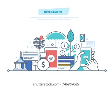 Financial smart investment, finance, banking, marketing, market data analytics, financial planning, security of deposits, financial savings, future income growth. Illustration thin line design.