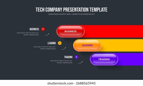 Ilustração do vetor de layout da apresentação da solução financeira. Modelo de apresentação de slides do diagrama de três etapas do Investor Briefing. Visão geral do produto 3 Elemento Infográfico Slide Design.