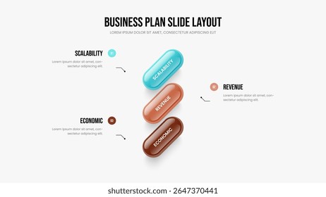 Ilustração do vetor de design de slide da solução financeira. Modelo de Quadro de Diagrama de Três Elementos do Perfil do Investidor. Layout da apresentação infográfica de 3 etapas do Enterprise Briefing.