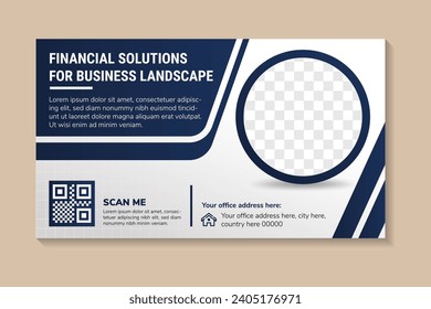 financial solutions for business landscape banner template design with photo and text placement professional eye catchy colorful. Standard for web page and social media, horizontal vector layout.
