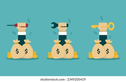 Financial Solutions. Depicted with a dollar bag, a pile of gold coins, a hand holding a screwdriver, wrench and key.