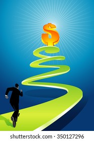 Financial Spiral Path-Business concept of a man in haste motivated by financial reward on top