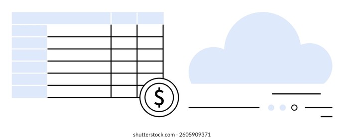 Financial spreadsheet with rows and columns, cloud storage icon, and dollar sign. Ideal for budgeting, finance tracking, cloud computing, financial planning, data storage, business analytics