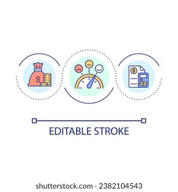 Estabilidad financiera en el icono de concepto de bucle comercial. Presupuesto de la empresa. Ilustración de línea delgada de ideas abstractas del sistema de gestión financiera. Dibujo de contorno aislado. Trazo editable. Tipo de letra arial utilizado