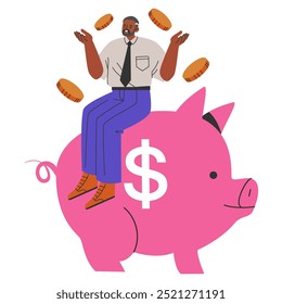 Financial stability concept. Diverse businessman with a carefree posture atop a piggy bank. Coin juggling represents wealth management. Vector illustration.