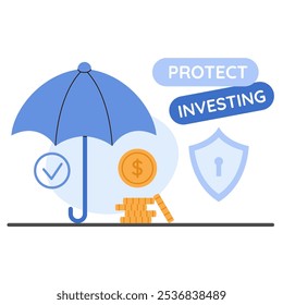 Financial stability concept featuring an umbrella symbolizing secure savings,  planning and calculating investment
