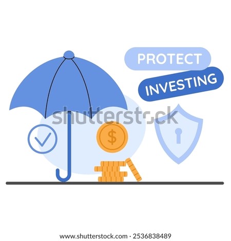 Financial stability concept featuring an umbrella symbolizing secure savings,  planning and calculating investment