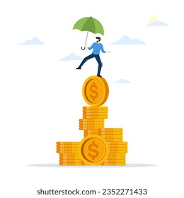 financial stability concept, risk or trust, economic challenges, balance or reliability, money management, wealth accumulation, businessman holding balance umbrella on unstable pile of coins.