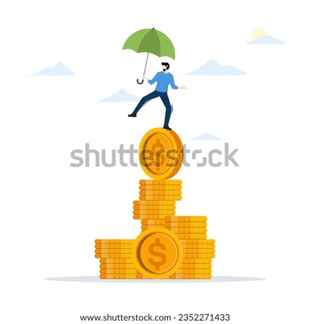 financial stability concept, risk or trust, economic challenges, balance or reliability, money management, wealth accumulation, businessman holding balance umbrella on unstable pile of coins.