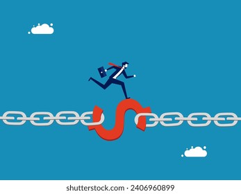 Financial stability, financial freedom. Businessman running on the financial chain