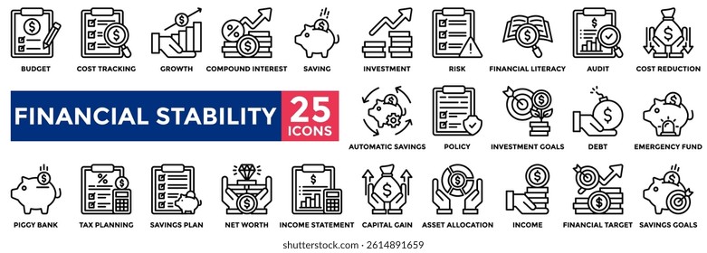 Financial stability icon collection set.Containing budget planning, saving, risk, tax planning, savings plan, cost reduction, capital gain icon. Simple line vector illustration.	