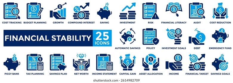 Financial stability icon collection set.Containing budget planning, saving, risk, tax planning, savings plan, cost reduction, capital gain icon. Simple flat vector illustration.	

