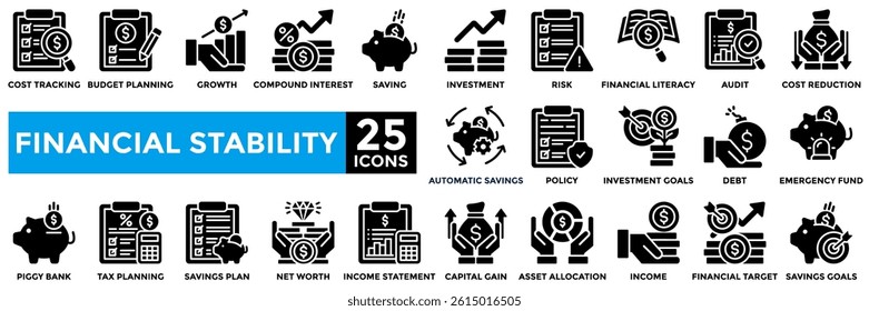 Financial stability icon collection set.Containing budget planning, saving, risk, tax planning, savings plan, cost reduction, capital gain icon. Simple solid vector illustration.	
