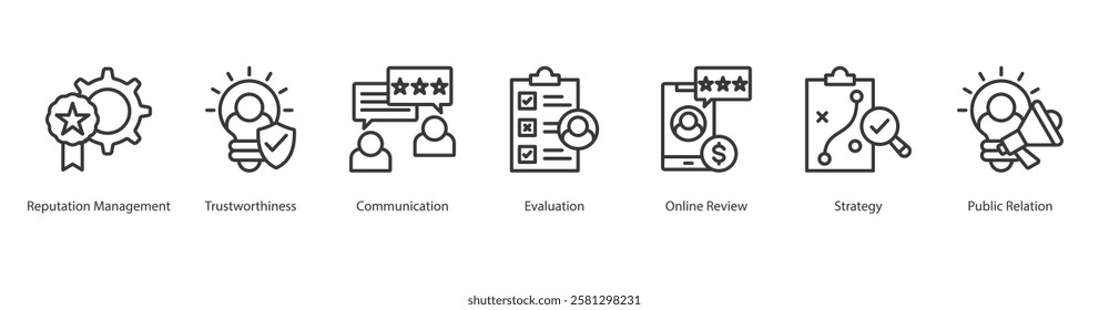 Financial Stability Outline Icon Sheet Strategy, Reputation Management, Trustworthiness, Communication, Evaluation, Online Review, Public Relation