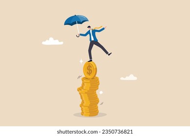 Financial stability, risk or trust, economic challenge, balance or reliability, money management, security or wealth accumulation concept, businessman hold umbrella balance on unstable coins stack.