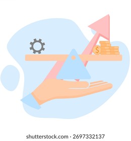 Financial Stability Vector Illustration, Featuring Hands Supporting Scales, Coins, and Gears as a Symbol of Balance, Investment, and Efficient Economic Management.