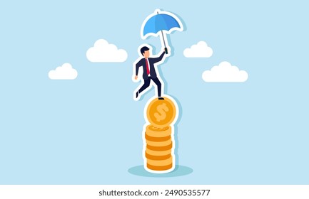 Financial stabilitymanaging risk and trust, facing economic challenges, balancing reliability, and securing wealth, concept of businessman hold umbrella balance on unstable coins stack.