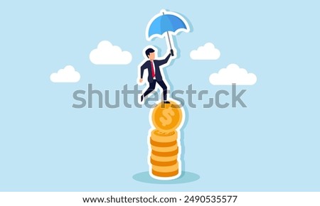Financial stabilitymanaging risk and trust, facing economic challenges, balancing reliability, and securing wealth, concept of businessman hold umbrella balance on unstable coins stack.