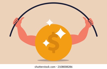 Financial Stable And Strong Dollar. Coin With Hand Muscles Power Dumbbell And Recover Crisis Vector Illustration Concept. Business Cash  Increase And Stability Risk. Save Economy Deposit Or Rich Money