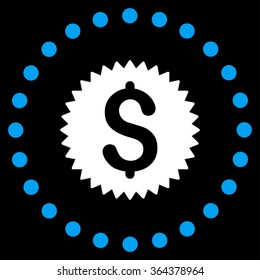 Financial Stamp vector icon. Style is bicolor flat circled symbol, blue and white colors, rounded angles, black background.