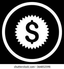 Financial Stamp vector icon. Style is flat circled symbol, white color, rounded angles, black background.