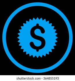 Financial Stamp vector icon. Style is flat circled symbol, blue color, rounded angles, black background.