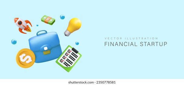 Inicio financiero. Maletín 3D, bombilla, plan, dinero, cohete espacial. Negocios rentables. Inversión exitosa. Iniciando nuevo proyecto. Llevar el producto al mercado. Concepto de vector