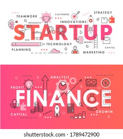 Abstraktes, dünnzeitiges Startwort für finanzielle Starts, Vektorgrafik-Set. Web-Banner mit Flachzeilenfunktion mit Unternehmensstart, neuen konzeptionellen Symbolen, Analyse und Marktforschung im Finanzprozess