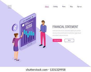 Financial statement. Accounting, financial calculation and planning, economic reports, business goal analysis workflow, statistic, teamwork, project management, investment growth. Isometric vector