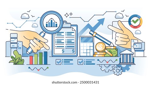 Finanzausweisanalyse mit dem Konzept der Unternehmensgewinnberechnung. Wirtschaftliche Situationsforschung unter Verwendung von Budget-Auditor oder Buchhalter für detaillierte Ertragsprognose Vektorgrafik.