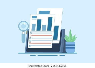 Financial Statement Analysis Concept, data analysis on business report and investment monitoring dashboard. Business Financial Flowchart Report with Magnifying Glass. Flat Design vector illustration.