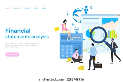 Financial statement analysis, people working, website vector. Workers dealing with finance and assets of firm, magnifying glass and statistics conduction. Webpage template landing page in flat