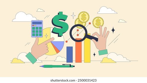 Financial statement analysis and profit forecasting tiny neubrutalism concept. Professional accountant and business auditor examining financial situation for detailed reports vector illustration.